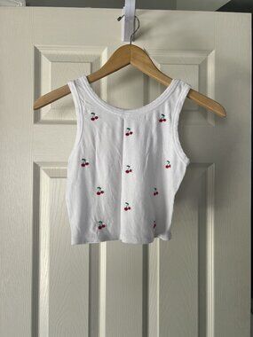 Cherry Print Ribbed Tank Top Womens Medium White Crop Summer Y2K Cute